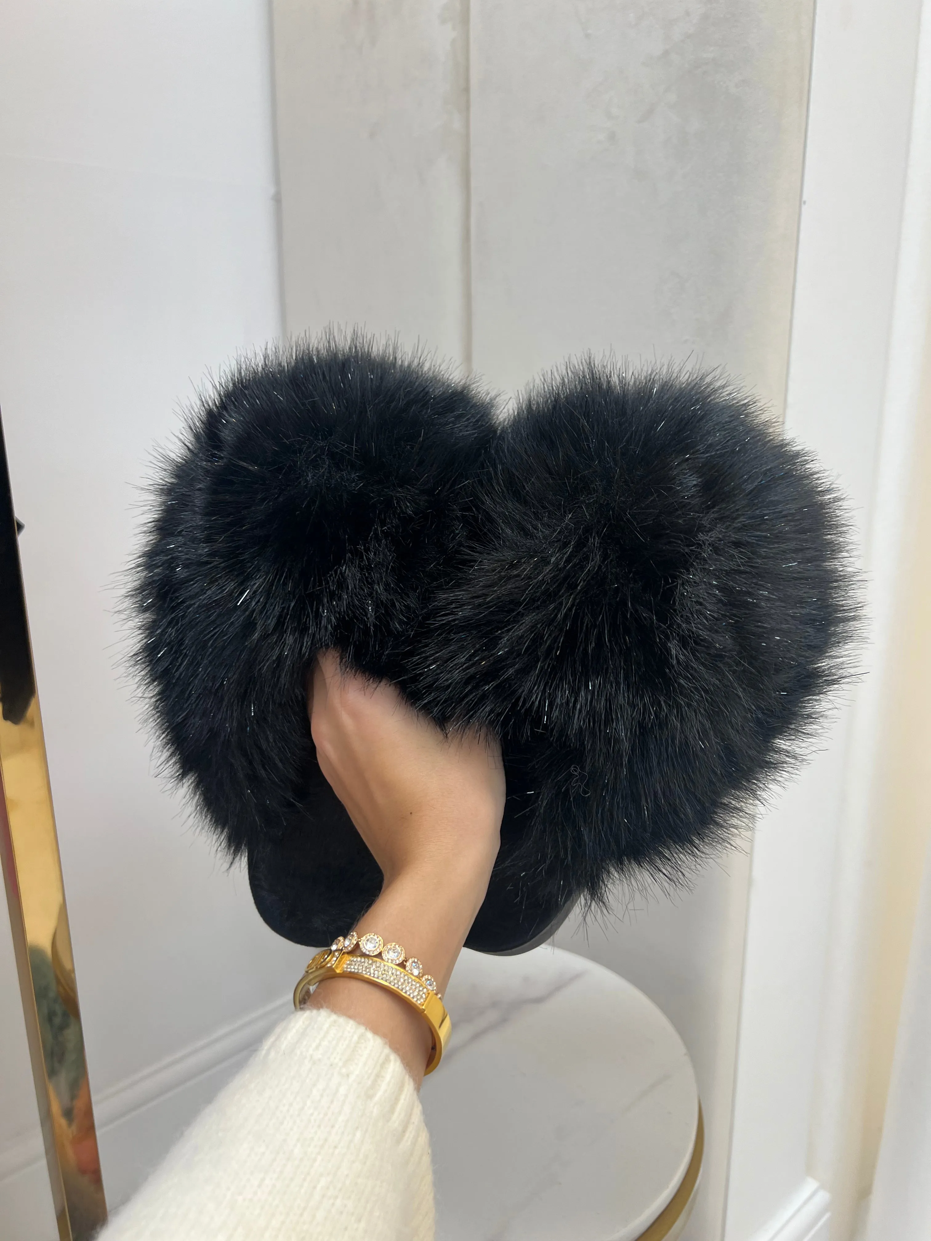 Angelica Black Glitter Faux Fur Super Fluffy Slider Slippers