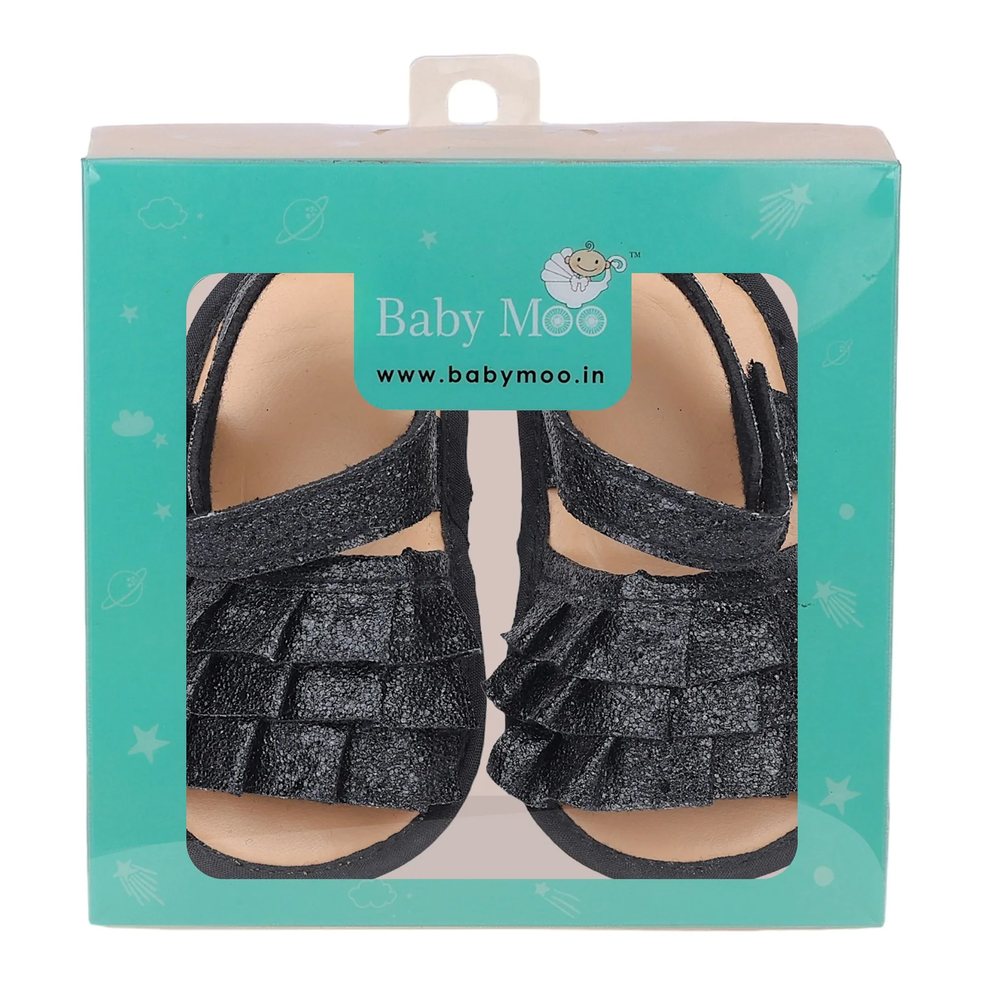 Baby Moo Frilly Glitter Partywear Velcro Straps Anti-Skid Sandals - Black