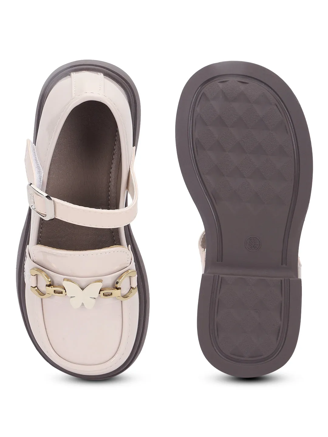 Beige Patent Stylish Velcro Loafers For Kids-Girls (TC-RS3636-BEIG)