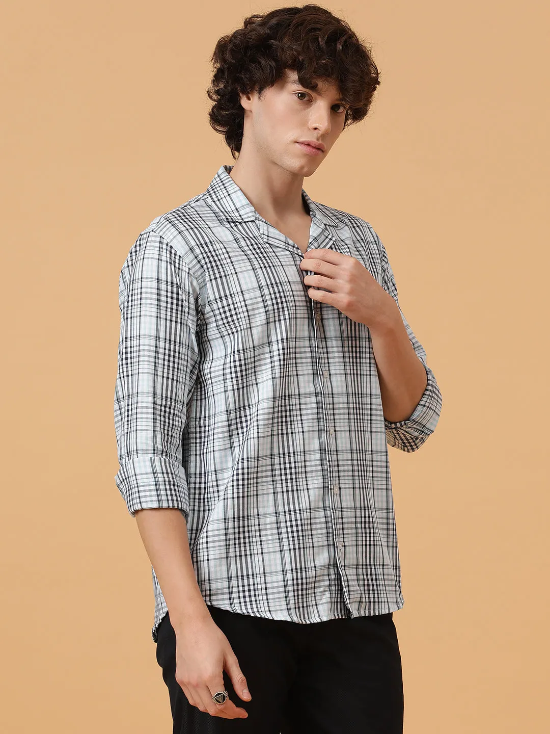 Black & White Pure Cotton Checks Regular Fit Party Wear Shirt