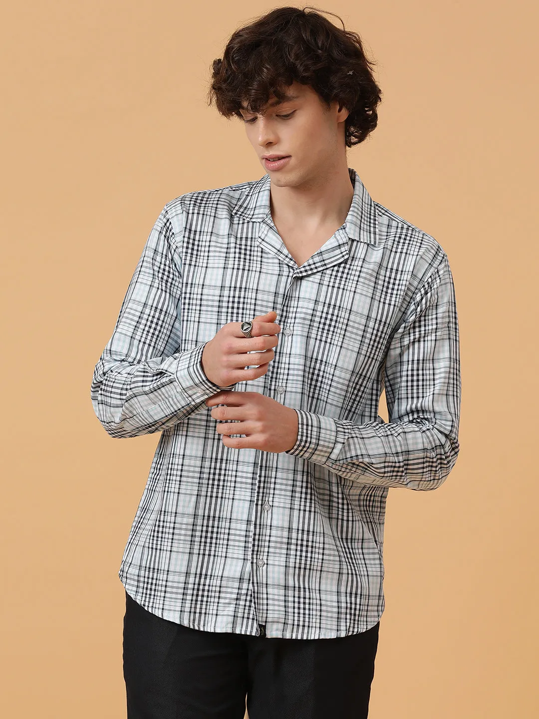 Black & White Pure Cotton Checks Regular Fit Party Wear Shirt