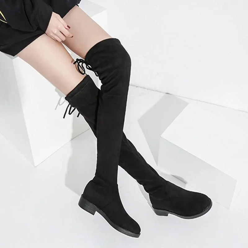 Black Chunky Heel Elastic Lace Up Women Over The Knee Boots