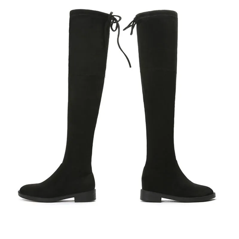 Black Chunky Heel Elastic Lace Up Women Over The Knee Boots