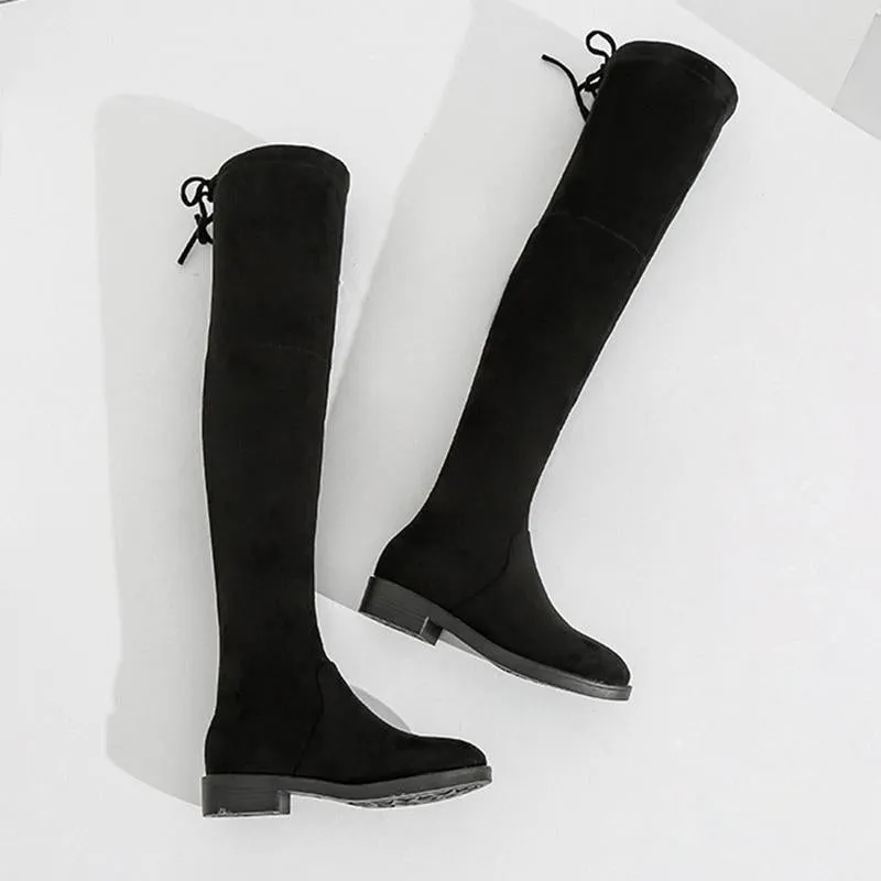 Black Chunky Heel Elastic Lace Up Women Over The Knee Boots