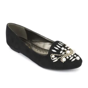 Black Flat Pearl Diamante Pumps