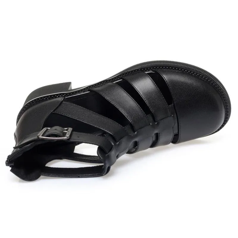 Black Leather Gladiator Women's Casual Sandals - GP1250