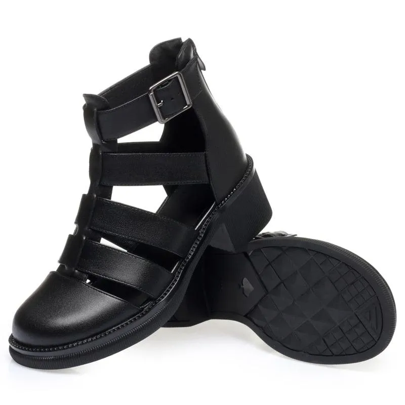 Black Leather Gladiator Women's Casual Sandals - GP1250