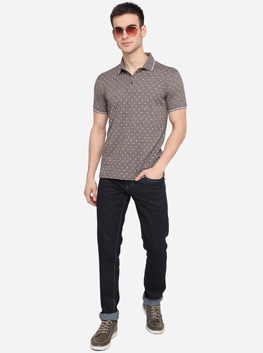 Brown Printed Slim Fit Polo T-Shirt | JadeBlue