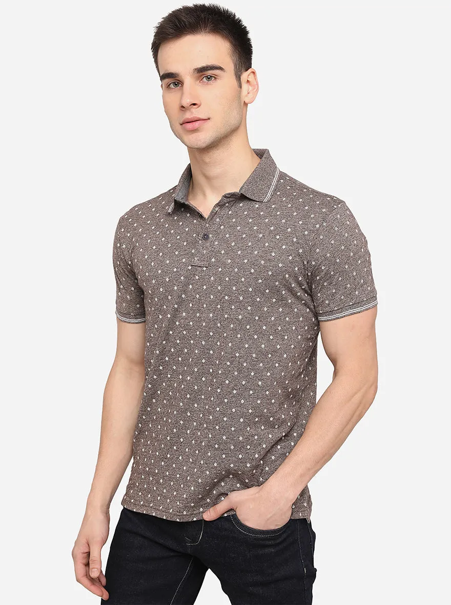 Brown Printed Slim Fit Polo T-Shirt | JadeBlue