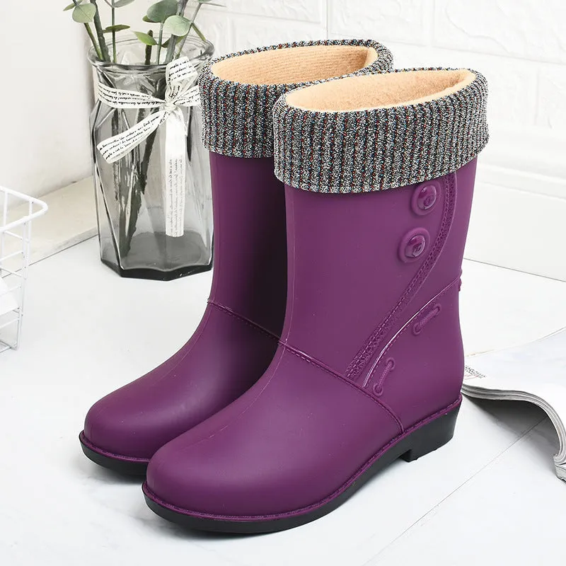 Fashion Velvet Padded Rain Boots Women Warm Knee-high Rain Boots