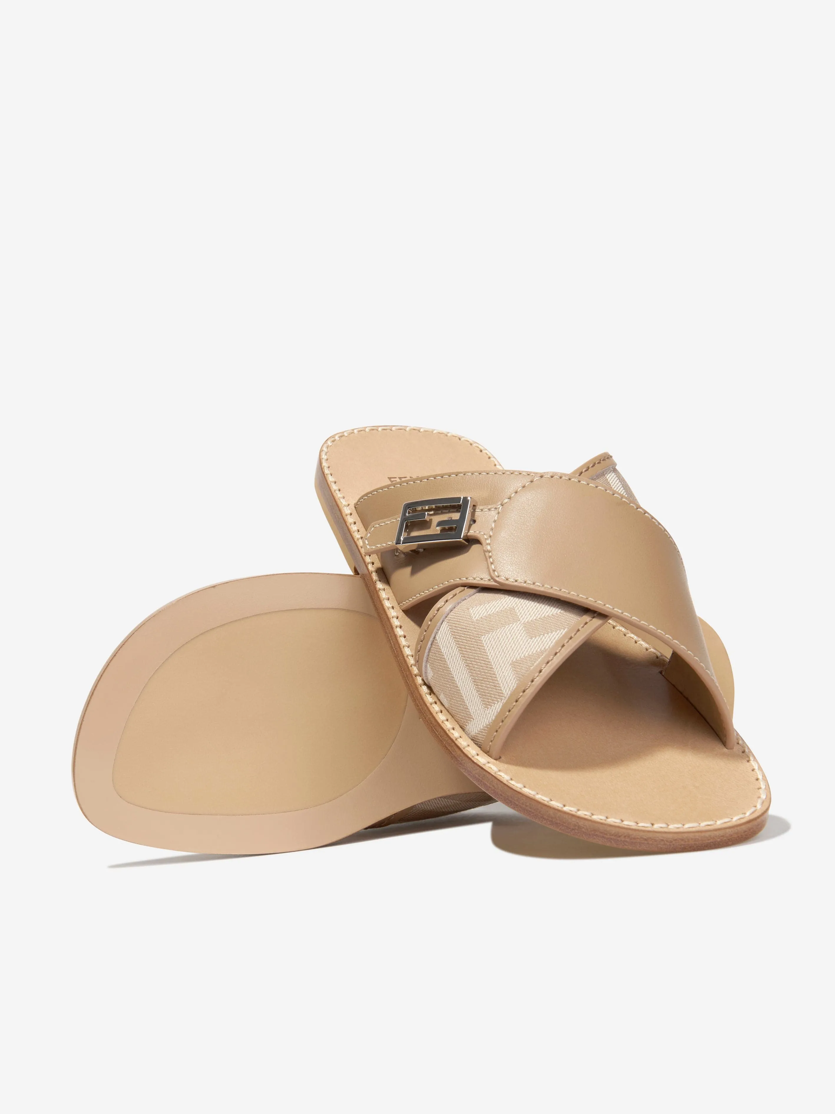 Fendi Girls Leather FF Logo Sandals in Beige