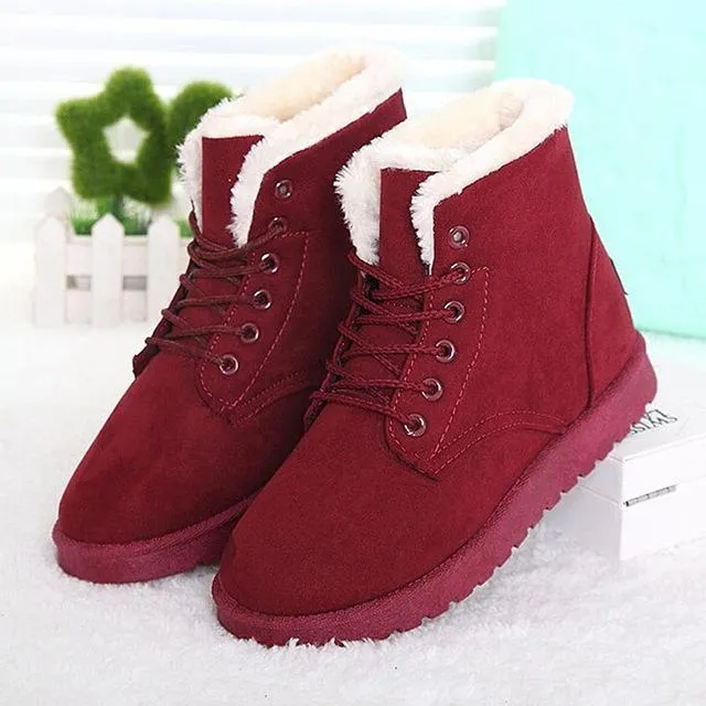 Fur lining lace-up snow boots warm ankle snow boots for women winter warm short boots