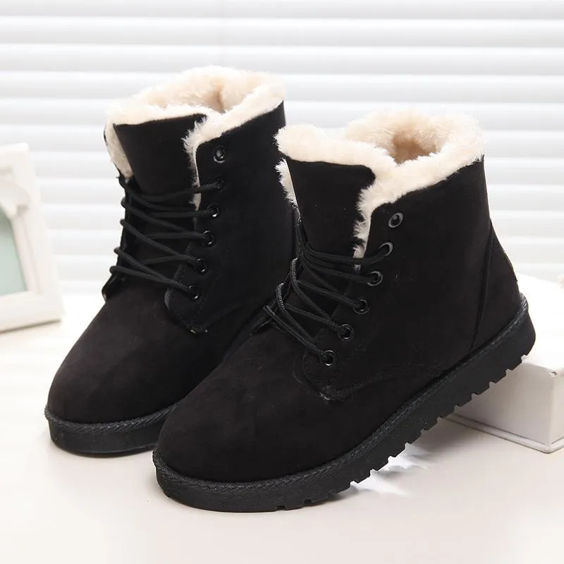 Fur lining lace-up snow boots warm ankle snow boots for women winter warm short boots