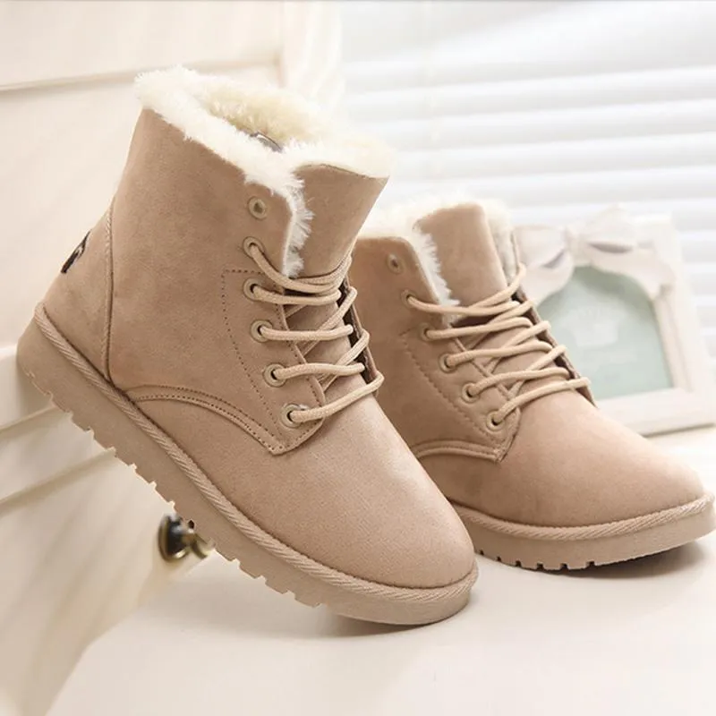 Fur lining lace-up snow boots warm ankle snow boots for women winter warm short boots