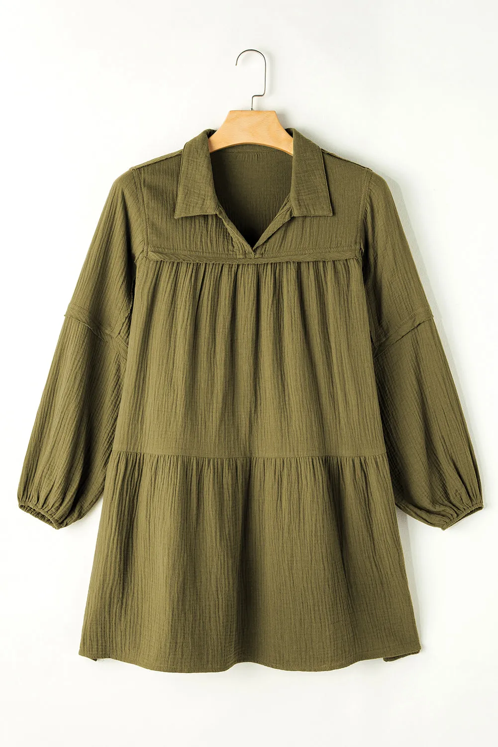 Green Frayed Trim Split Neck Puff Sleeve Flared Dress