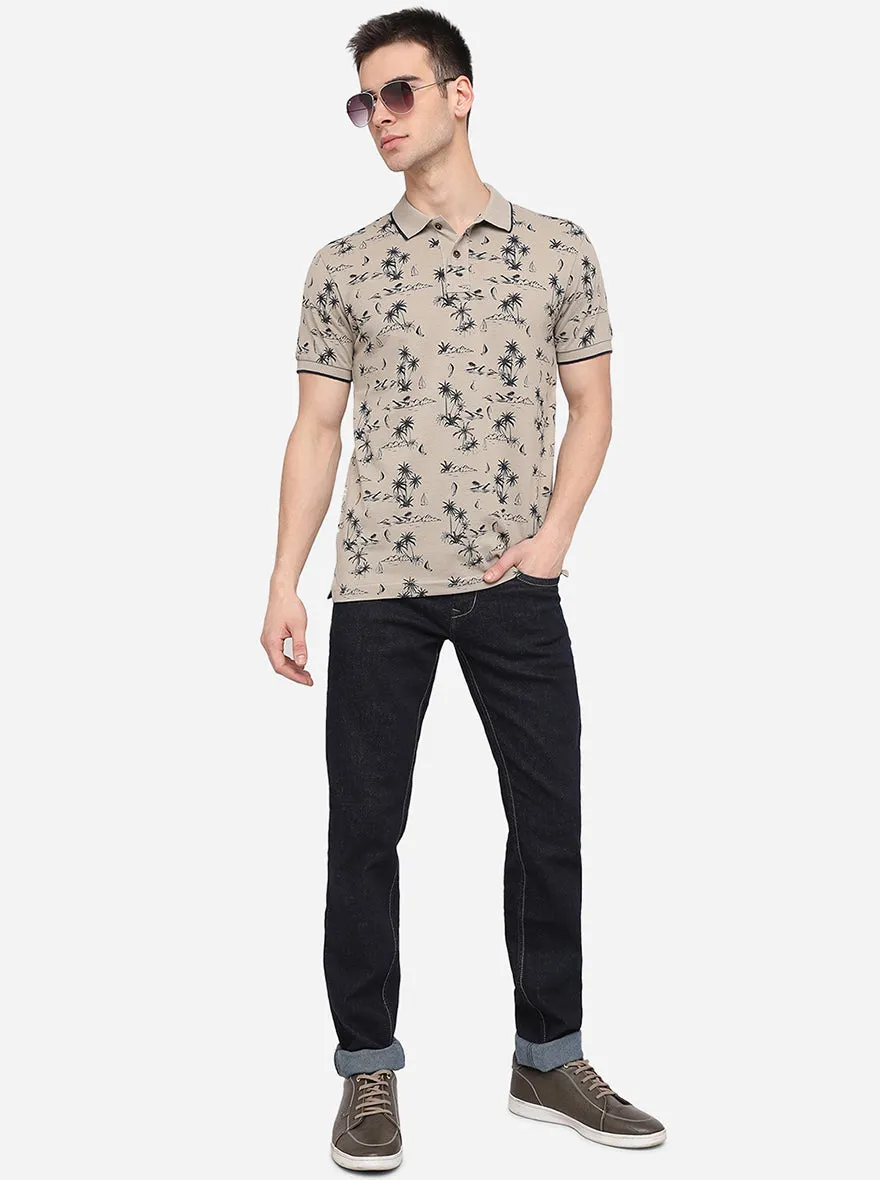 Grey Printed Slim Fit Polo T-Shirt | Greenfibre