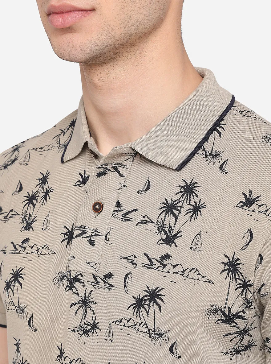 Grey Printed Slim Fit Polo T-Shirt | Greenfibre