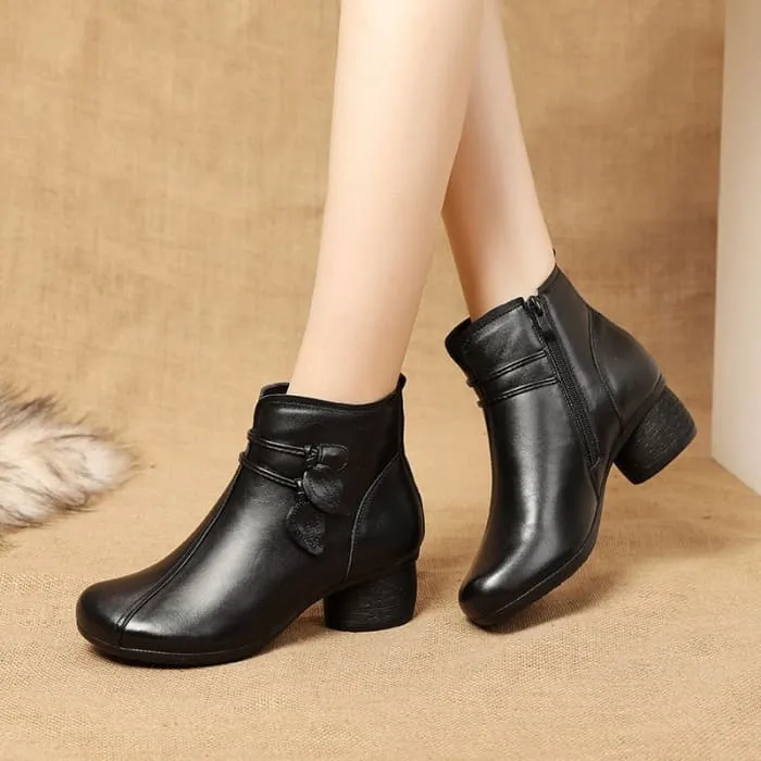 Handmade Genuine Leather Flowers Zipper Retro Warm Winter Boots For Women