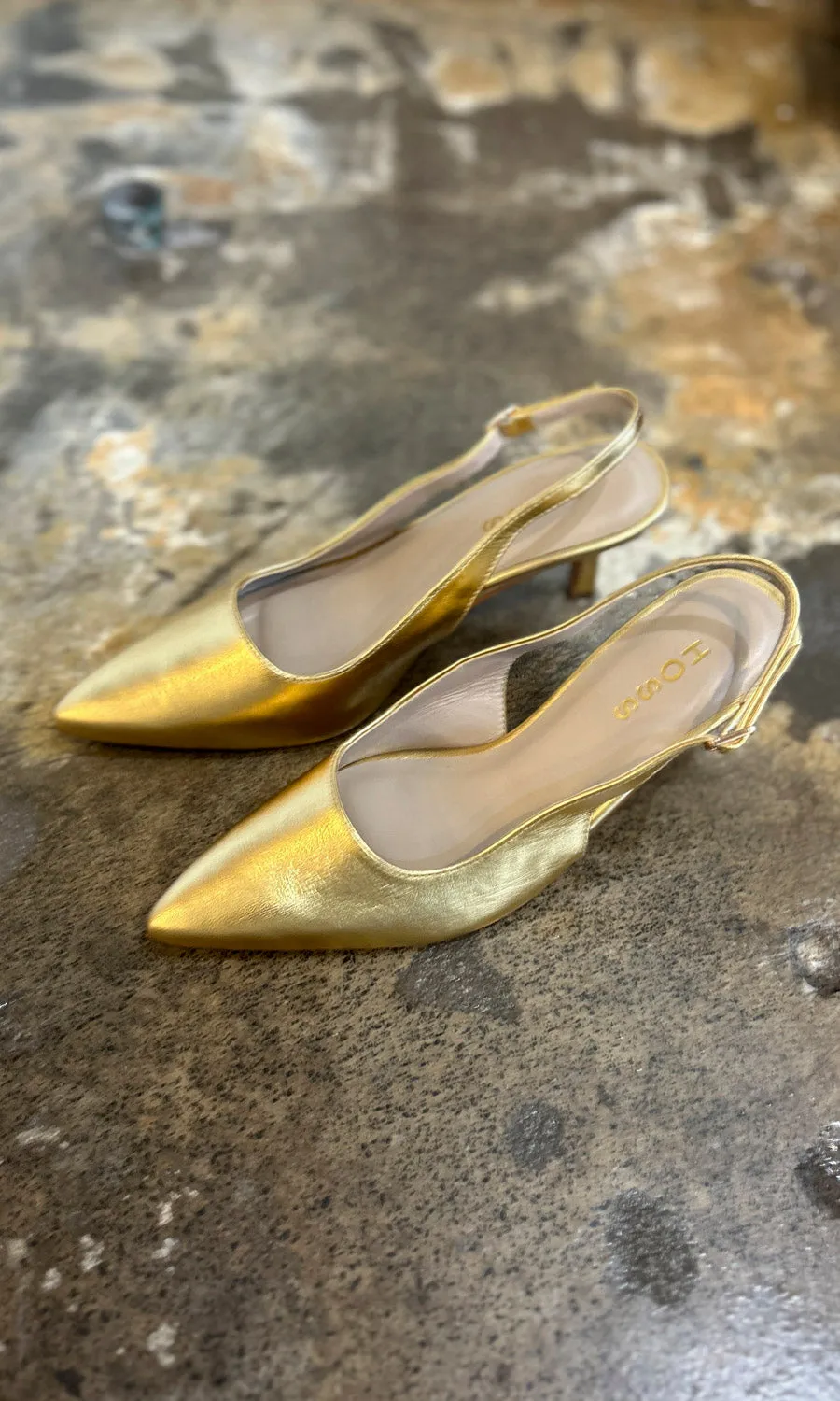 hoss Gold Leather Slingback Kitten Heels