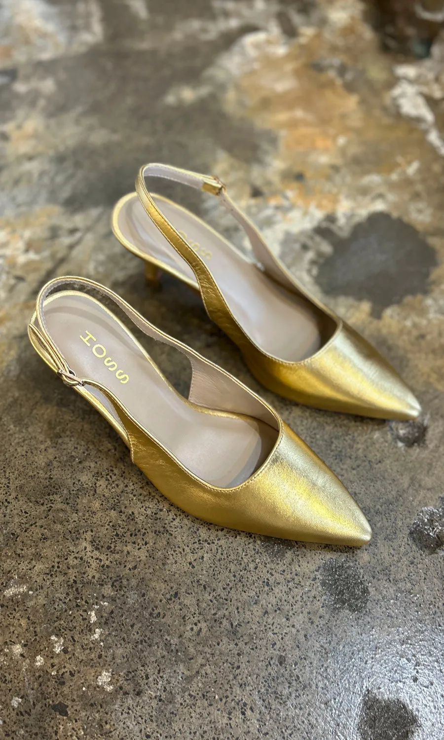 hoss Gold Leather Slingback Kitten Heels