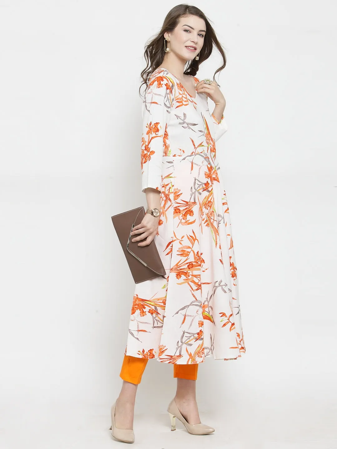 Jashvi Women White & Orange Floral Printed Rayon Flared Kurta