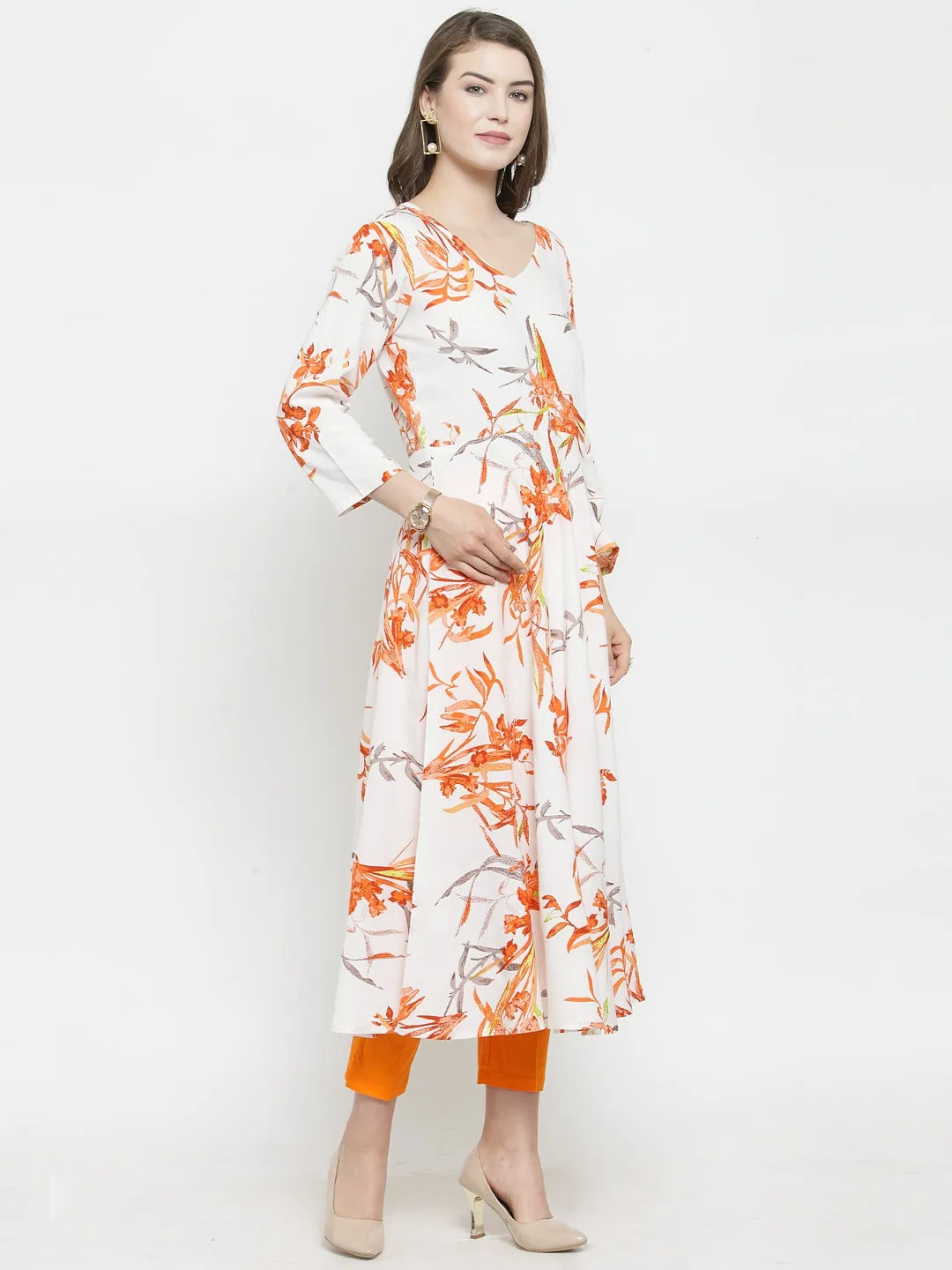 Jashvi Women White & Orange Floral Printed Rayon Flared Kurta