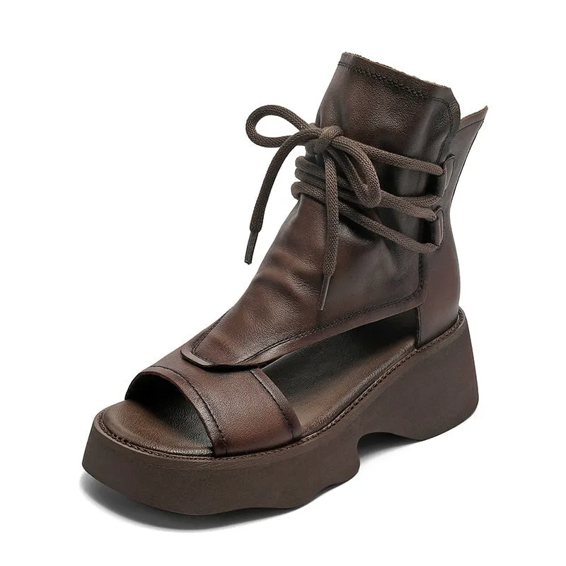 Leather Platform Sandals Boots For Women Peep Toe Gladiator Sandals in Black/Brown/Khaki