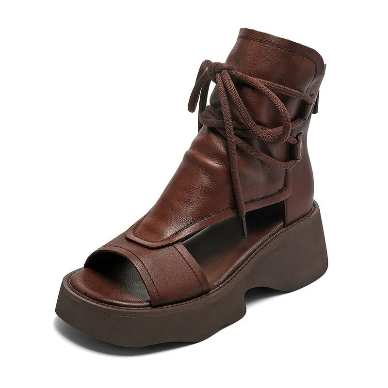 Leather Platform Sandals Boots For Women Peep Toe Gladiator Sandals in Black/Brown/Khaki