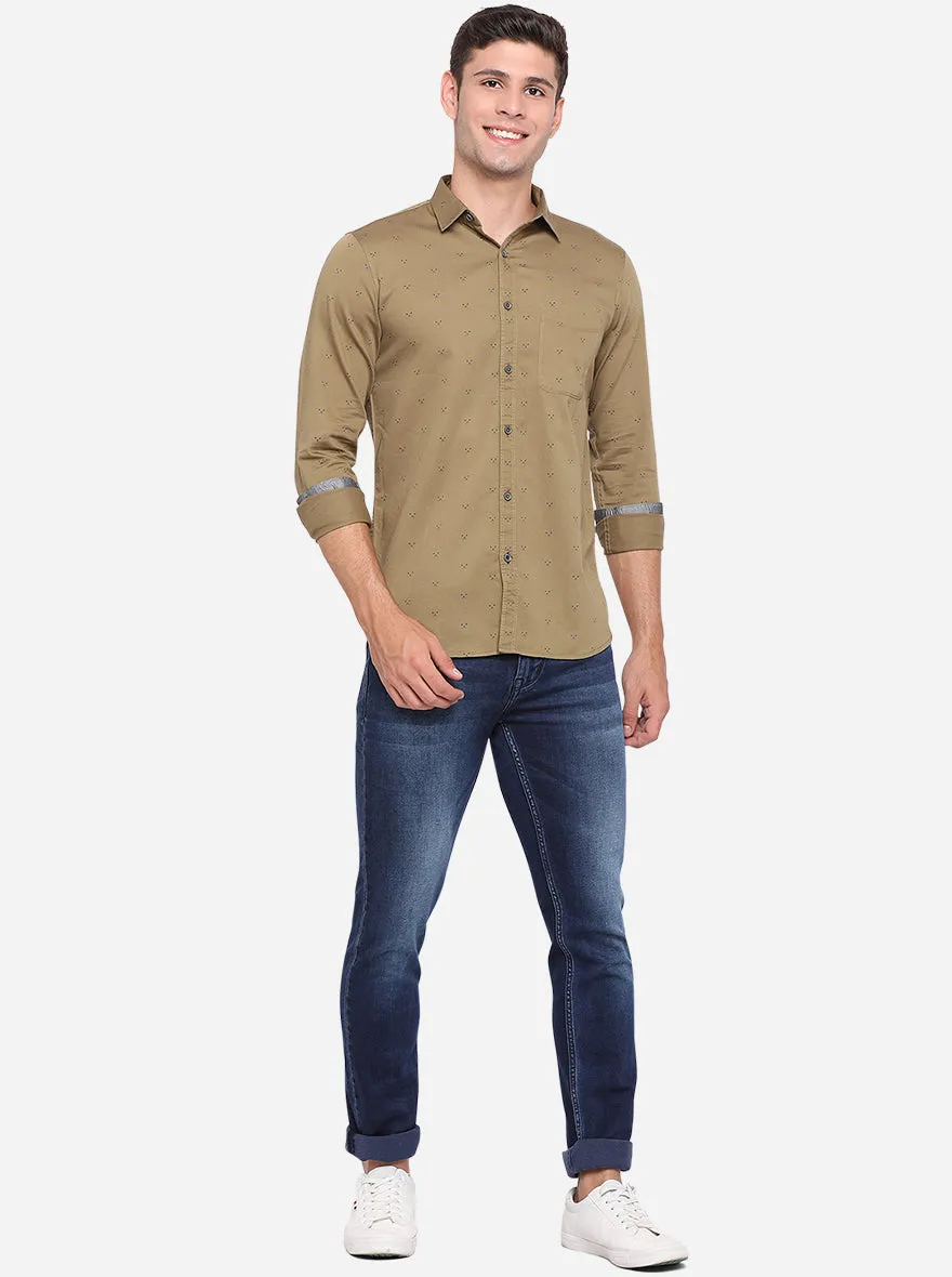 Light Brown Printed Slim Fit Semi Casual Shirt | JadeBlue