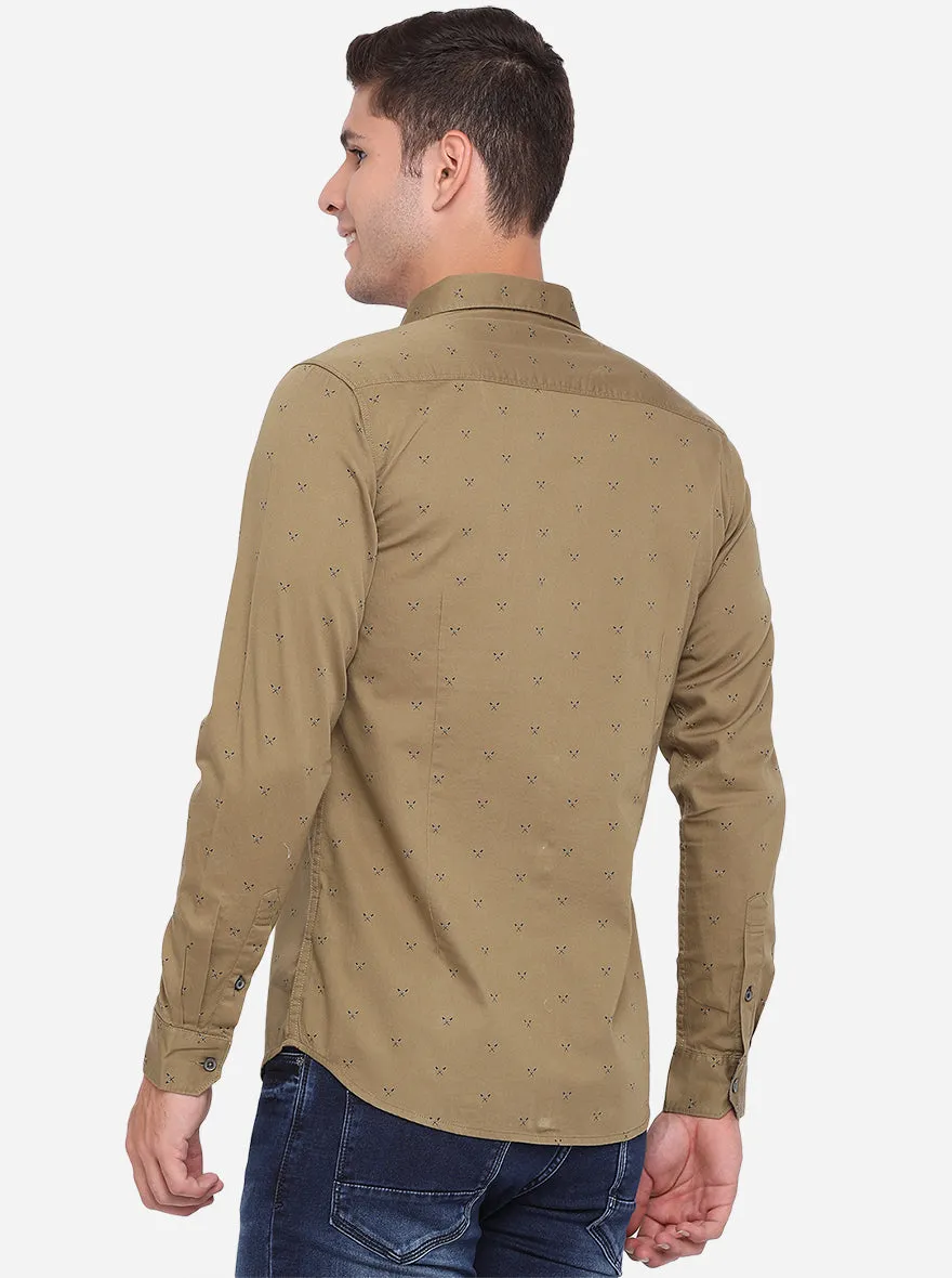 Light Brown Printed Slim Fit Semi Casual Shirt | JadeBlue