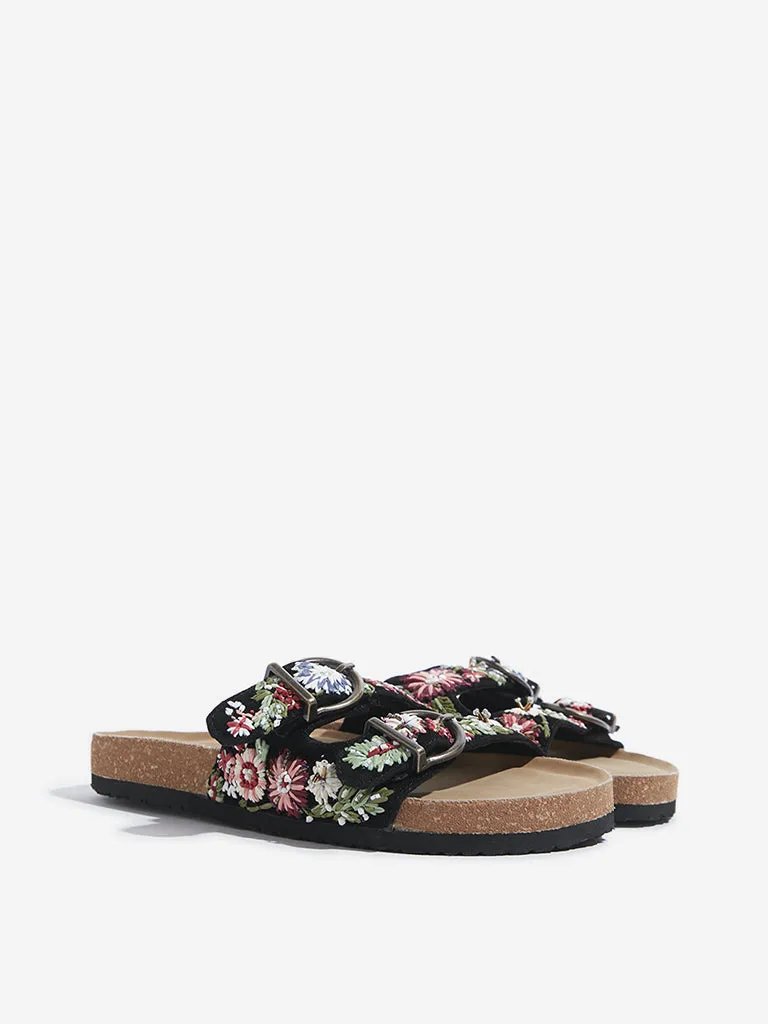 LUNA BLU Black Floral Embroidered Slip-On Sandals