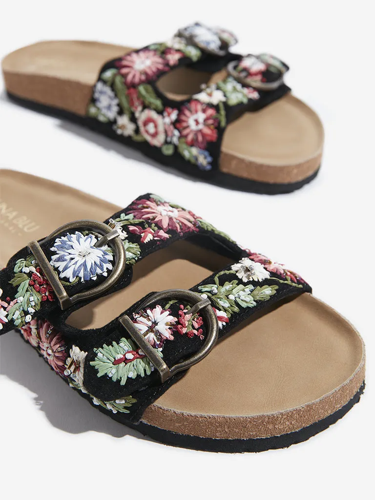 LUNA BLU Black Floral Embroidered Slip-On Sandals