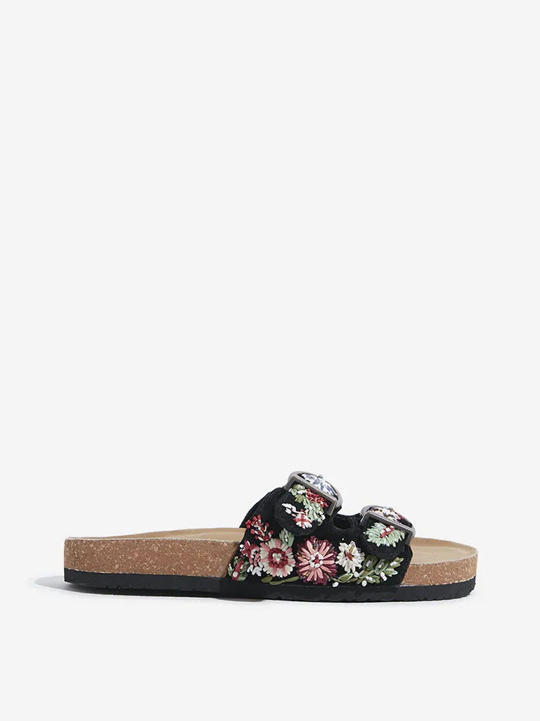 LUNA BLU Black Floral Embroidered Slip-On Sandals