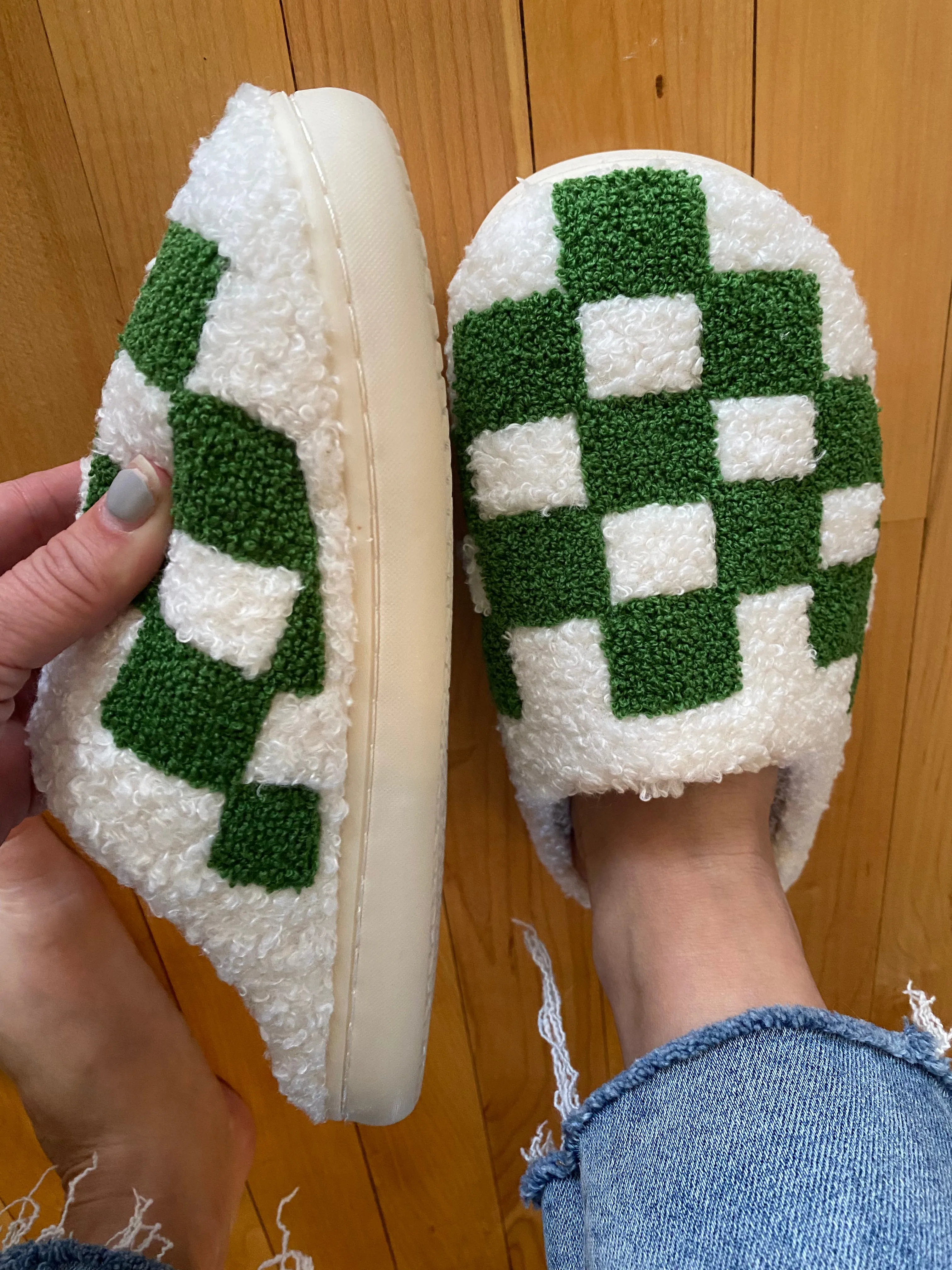 Melody Checkered Print Plush Slide Slippers