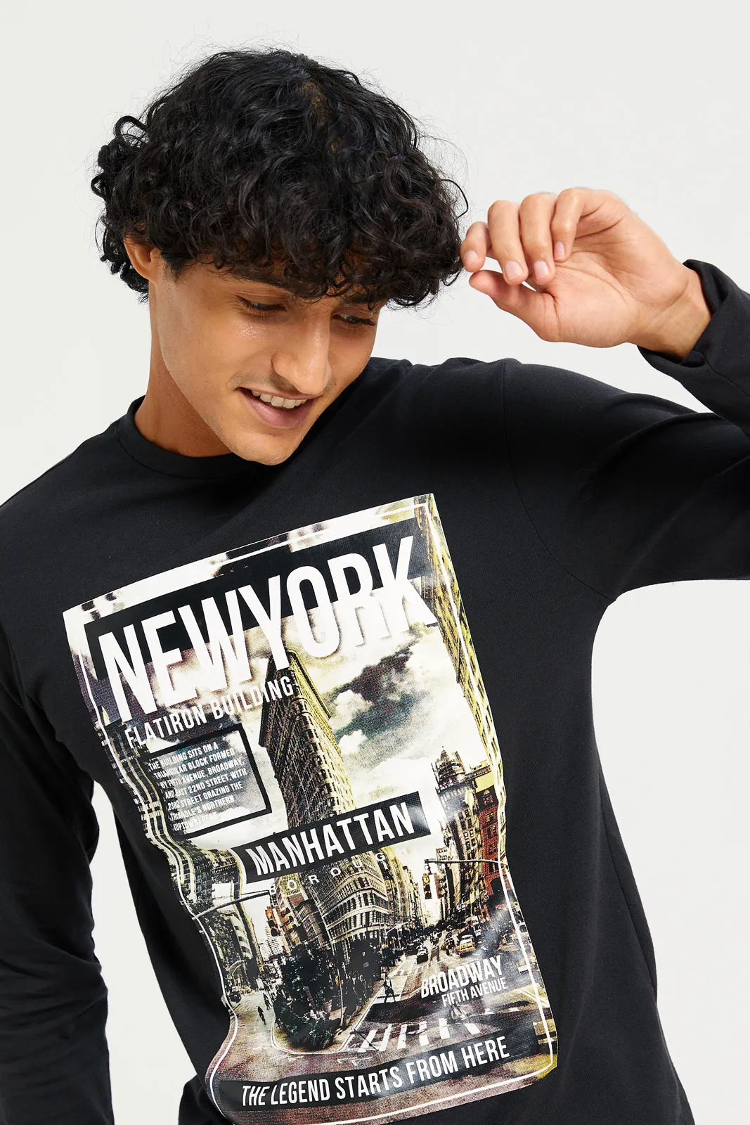 Men Black Long Sleeve Printed T-shirt