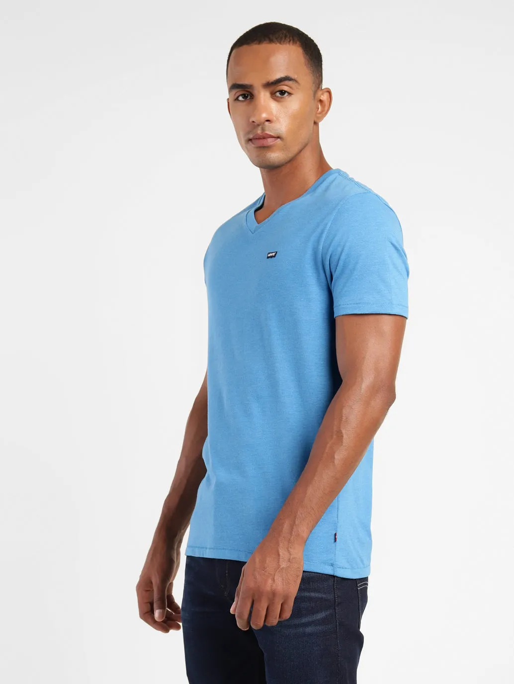 Men's Solid V Neck T-shirt Blue