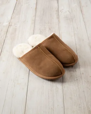 Mens Suede Sheepskin Mule Slippers - Tan