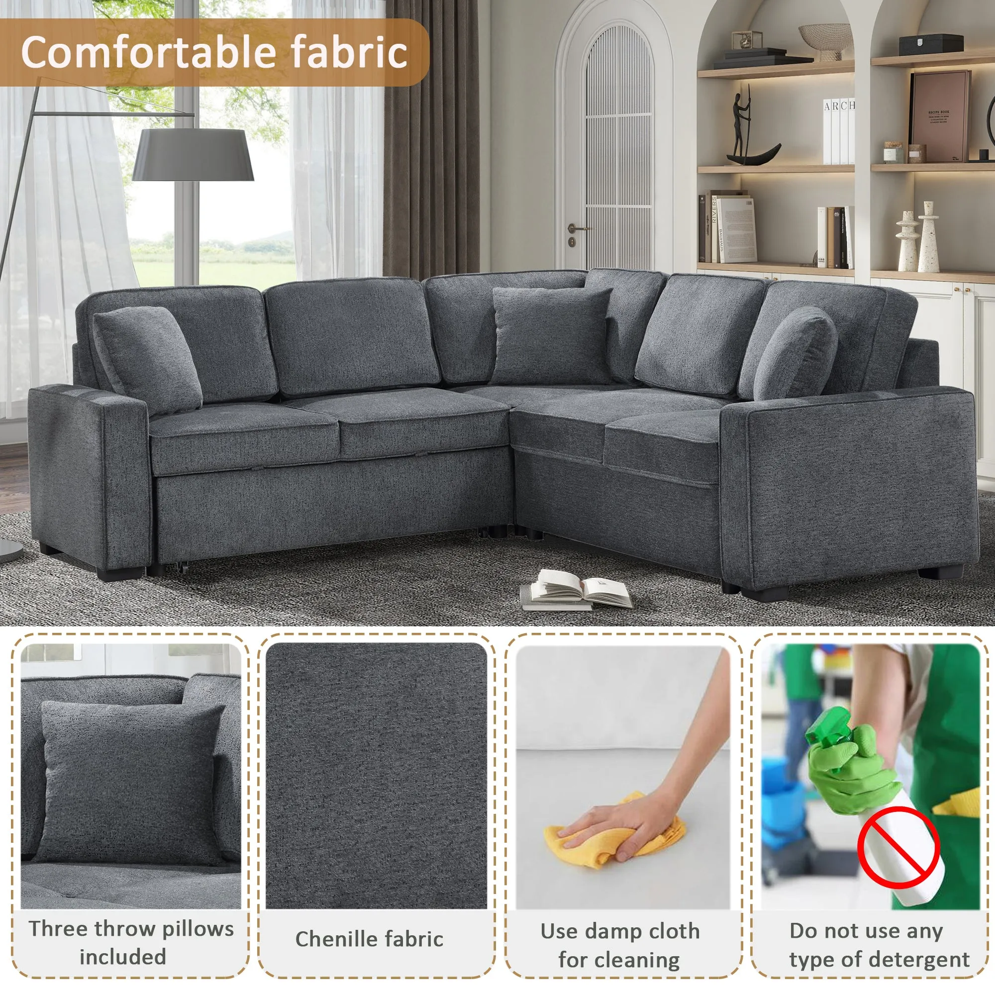 Modular Sofa, Sectional Couch L Shaped Sofa Couch with Pullout Sleeper, 5 Seat Chenille Corner Sofa for Living Room, 3 Pillows Included, Dark Gray