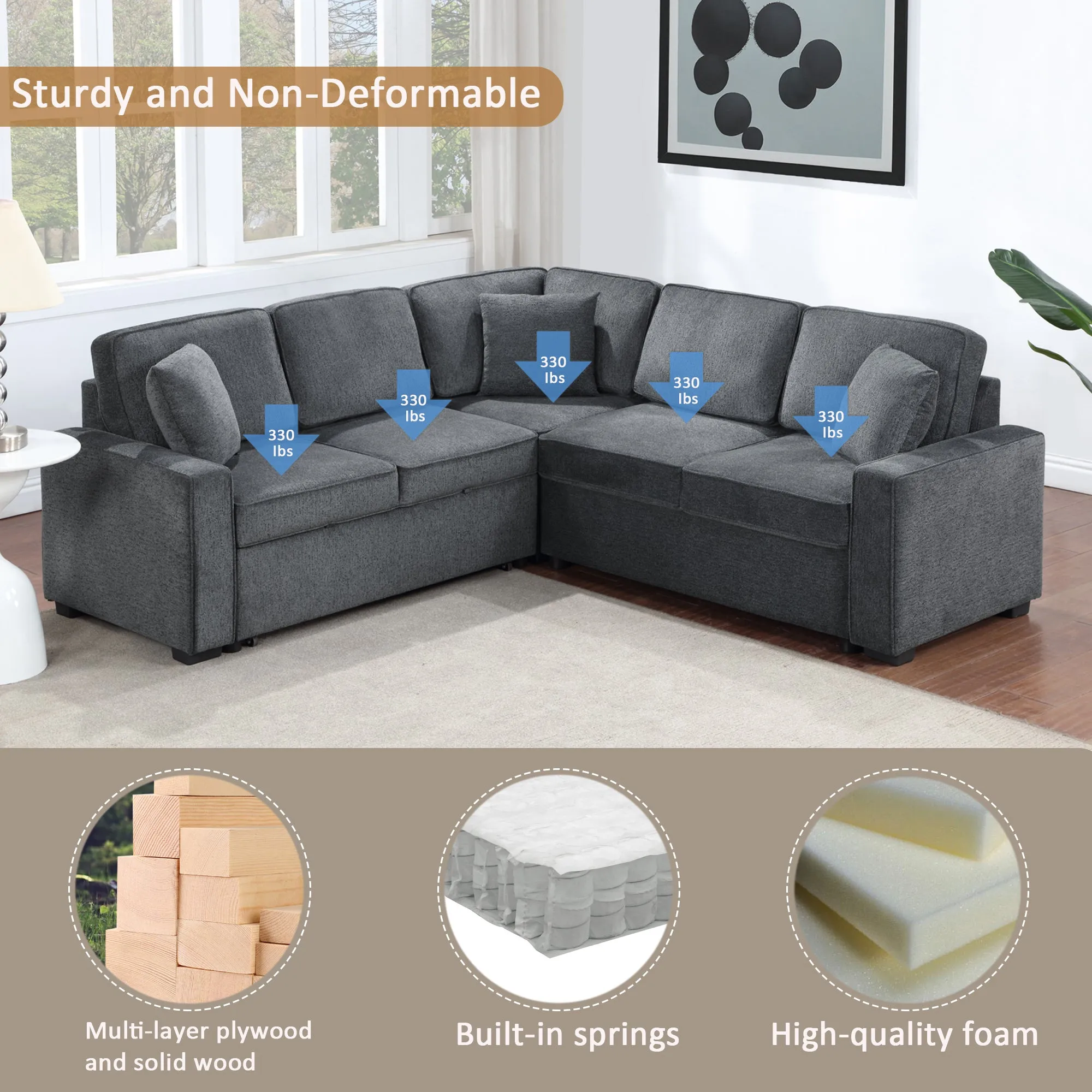 Modular Sofa, Sectional Couch L Shaped Sofa Couch with Pullout Sleeper, 5 Seat Chenille Corner Sofa for Living Room, 3 Pillows Included, Dark Gray