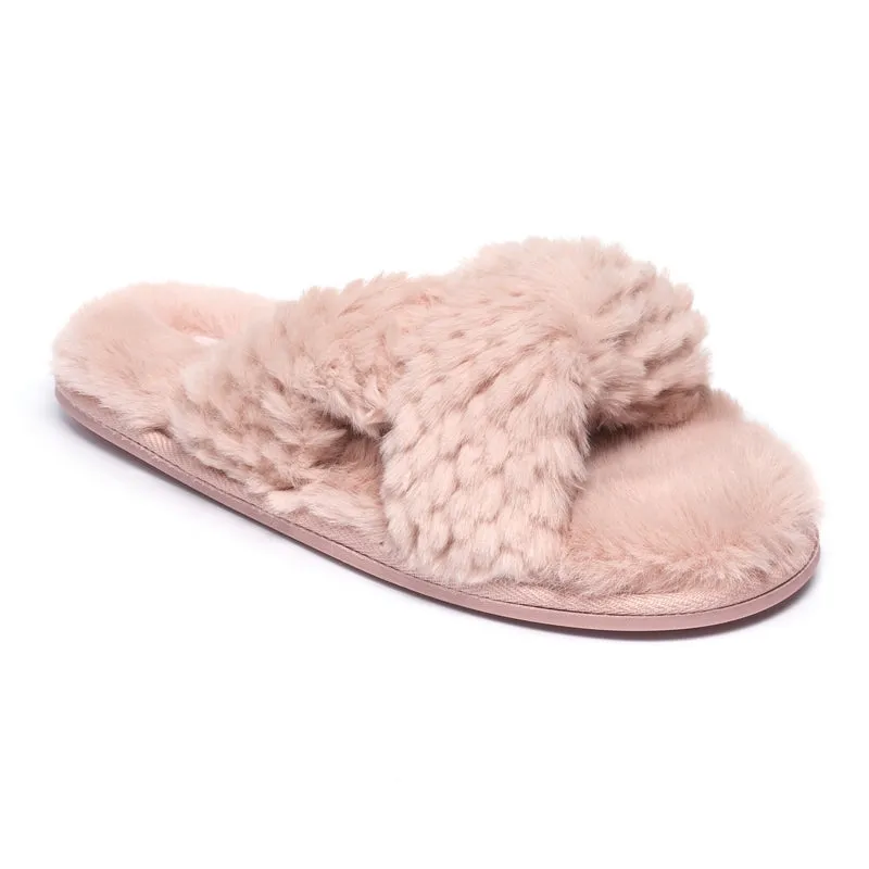 Nicki - Waffle Faux Fur Crossover Slipper Slider - Dusky Pink