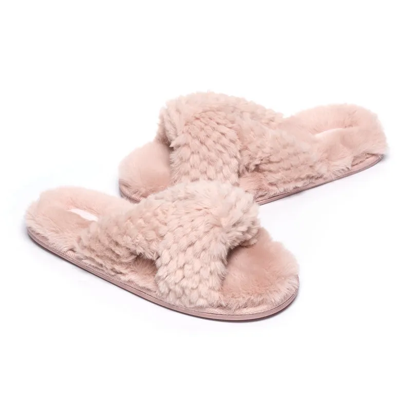 Nicki - Waffle Faux Fur Crossover Slipper Slider - Dusky Pink