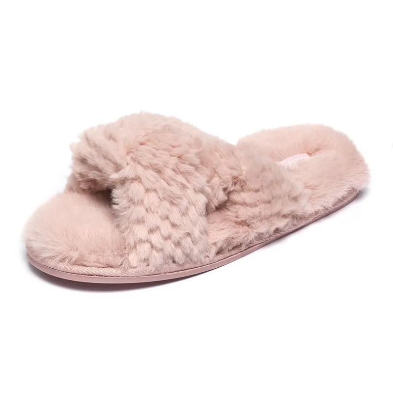 Nicki - Waffle Faux Fur Crossover Slipper Slider - Dusky Pink