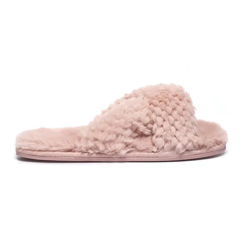 Nicki - Waffle Faux Fur Crossover Slipper Slider - Dusky Pink