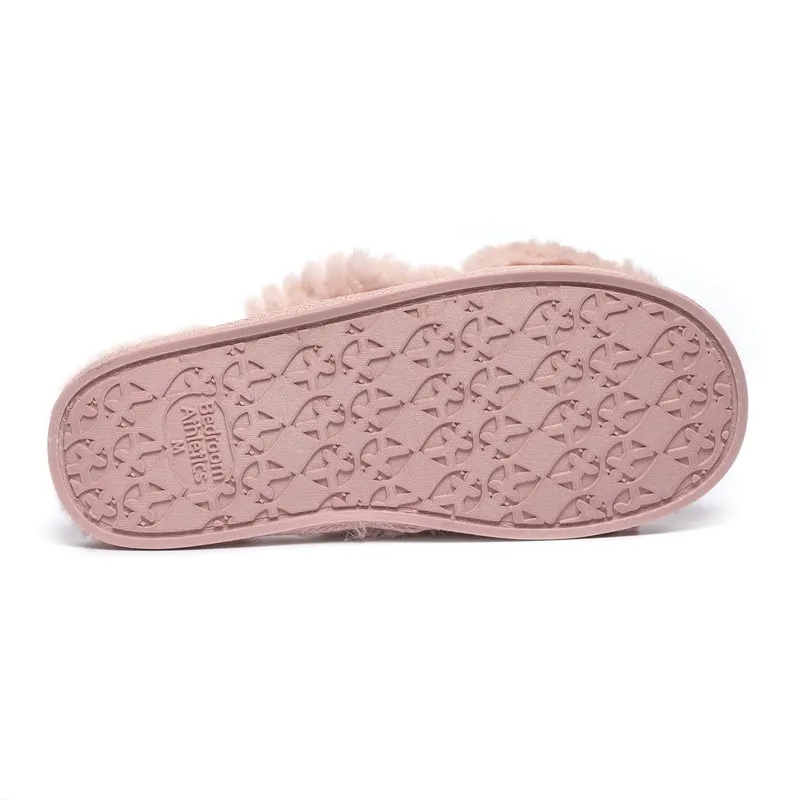 Nicki - Waffle Faux Fur Crossover Slipper Slider - Dusky Pink