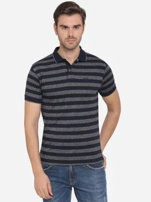 Night Blue & Grey Striped Slim Fit Polo T-shirt | Greenfibre