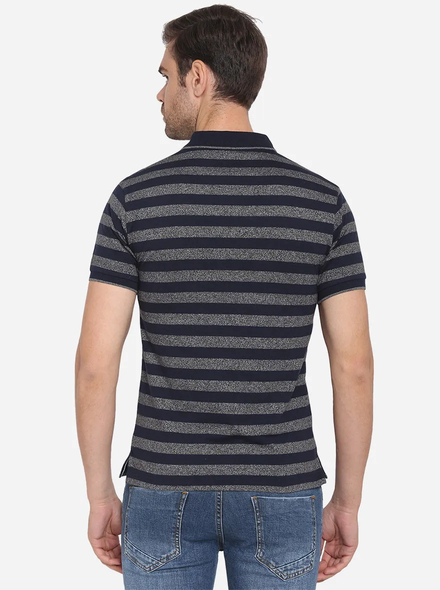 Night Blue & Grey Striped Slim Fit Polo T-shirt | Greenfibre