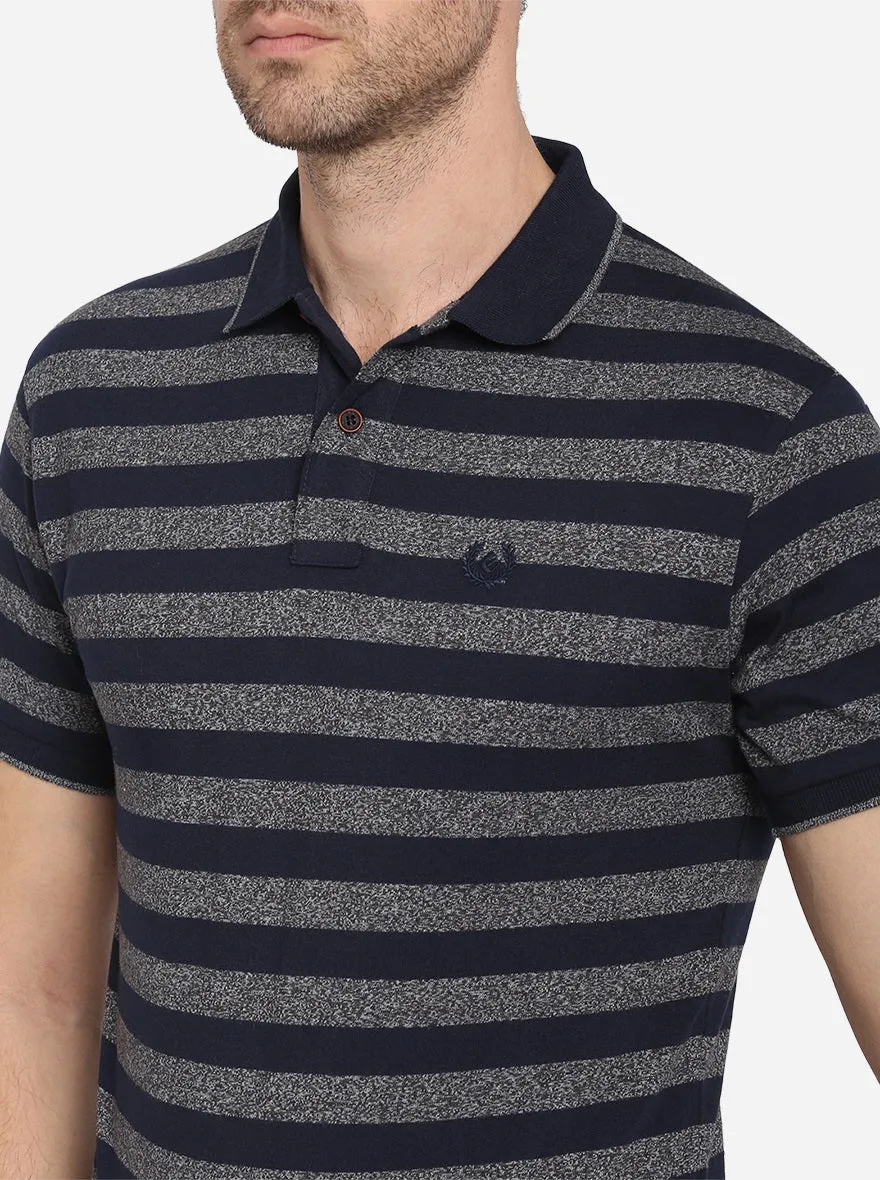 Night Blue & Grey Striped Slim Fit Polo T-shirt | Greenfibre