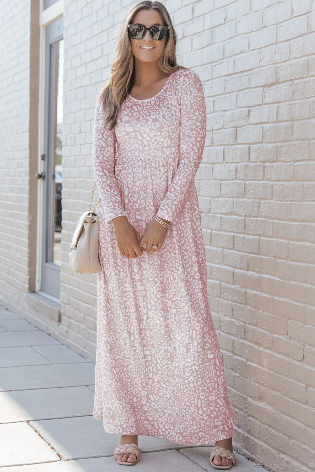 Pink Empire Print Long Sleeve Maxi Dress with Pockets