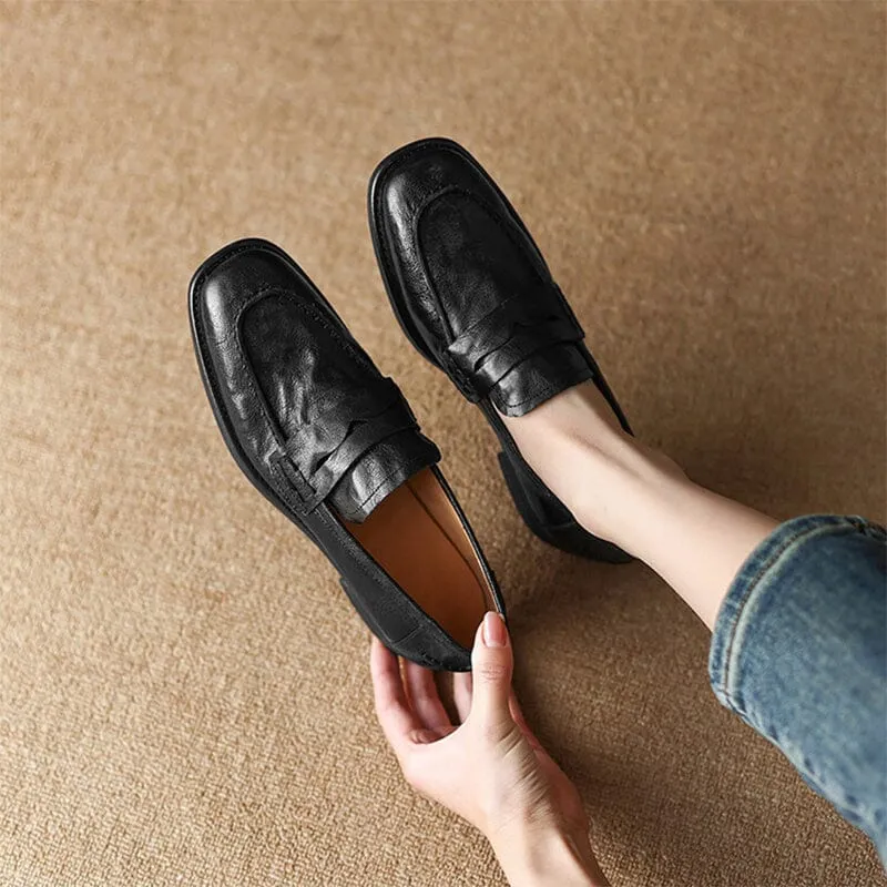 Retro Style Soft Leather Penny Loafers for Women in Coffee/Black