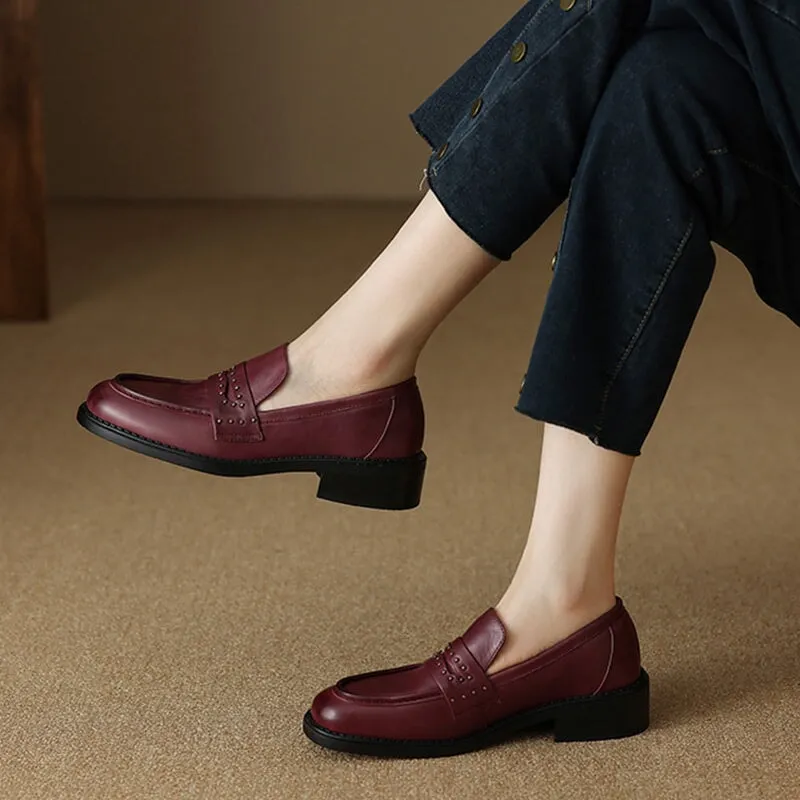 Round Toe 40mm Block Heel Leather Loafers for Women Rivet-embellishment in Wine Red/Brown/Black